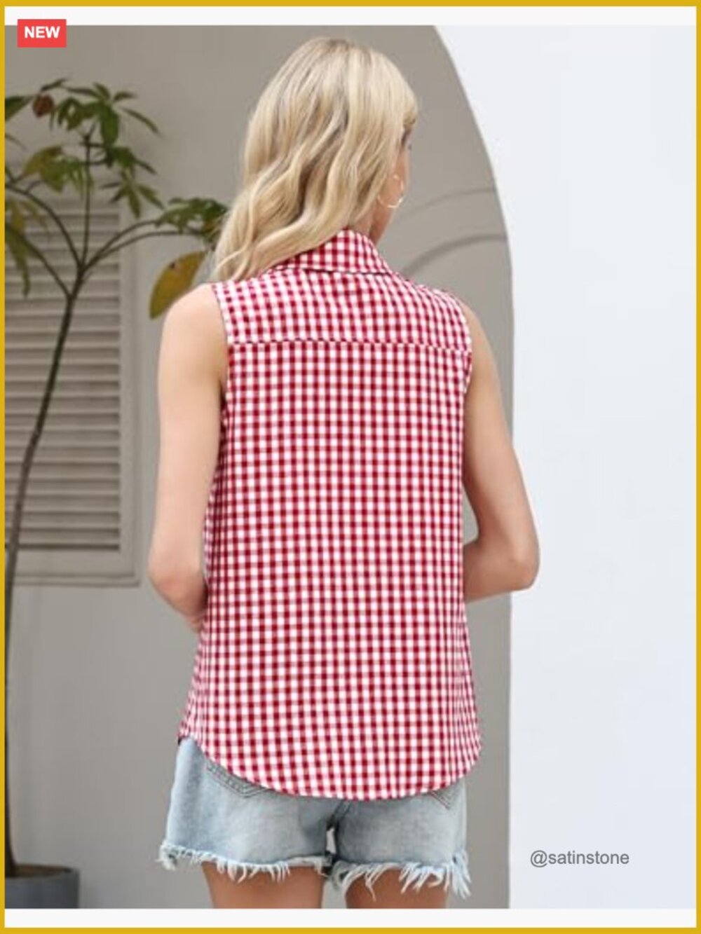 Women Cotton Gingham Button Down Blouse Slim Fit Sleeveless Top Shirt - Picture 5 of 7
